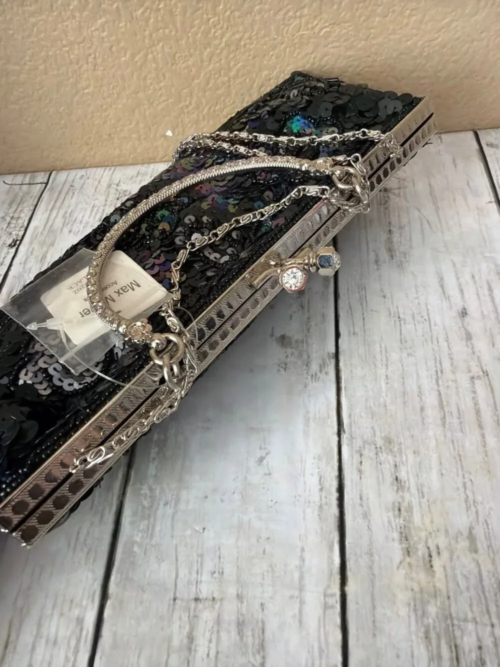 Y2K Max Mayer Black Beaded Sequin Evening Bag Clutch Kiss Lock Chain Strap NEW - Picture 7 of 14